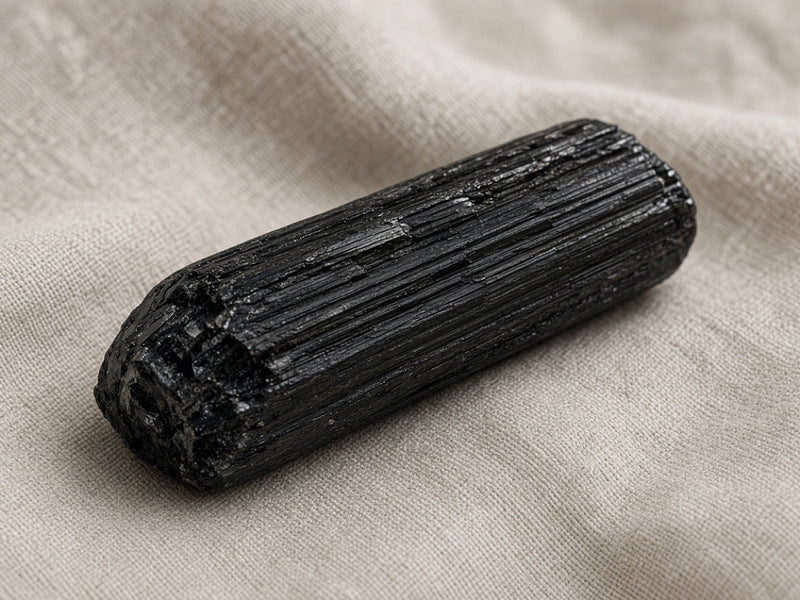 One black tourmaline crystal lying on linen, with vertical striations