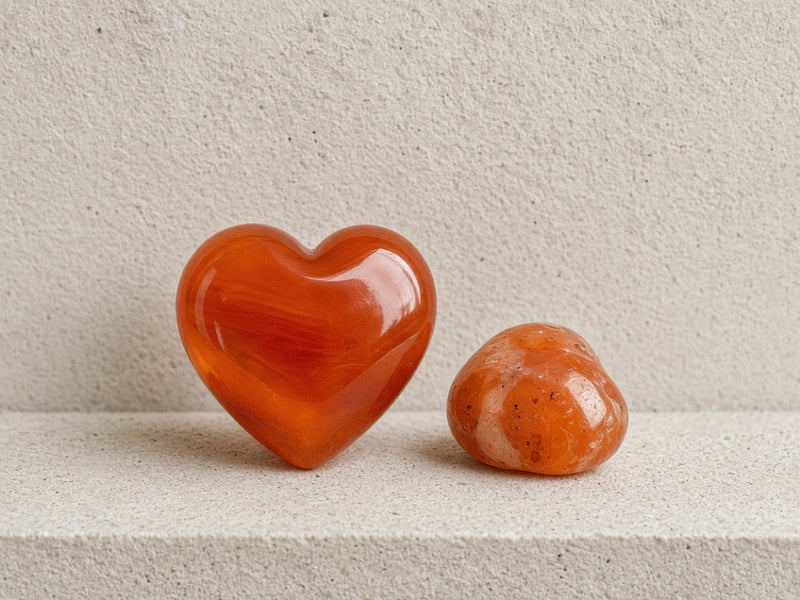 An orange carnelian heart beside one tumbled carnelian stone