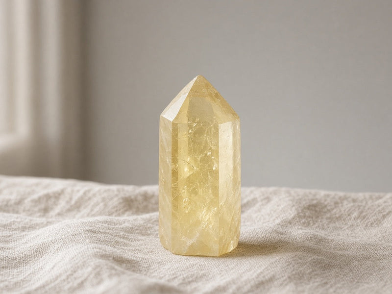 A single pale lemon citrine crystal point on linen