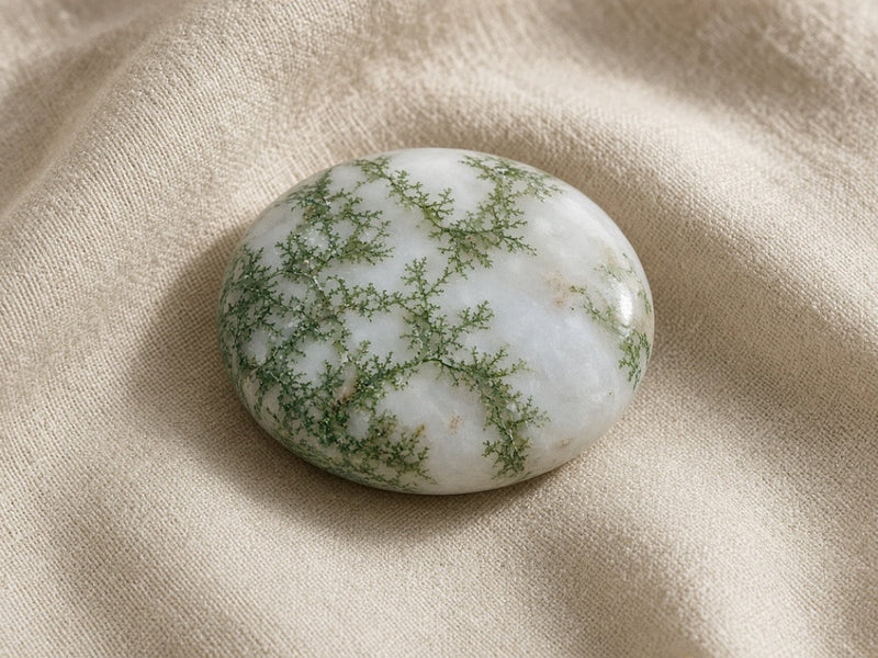 A polished oval moss agate palm stone with green dendritic markings