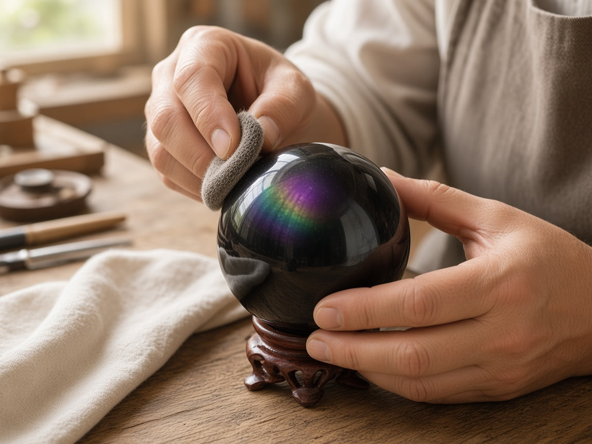 Hands polishing a finished crystal sphere
