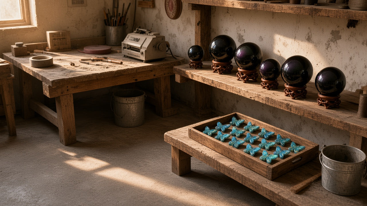 Crystal workshop with polished spheres on wooden shelves