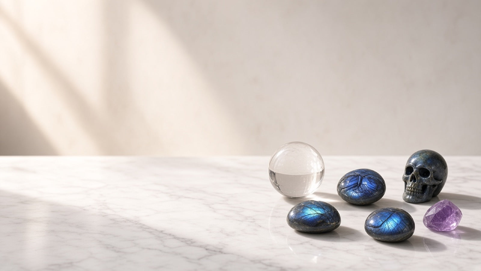 Clear quartz sphere, blue labradorite stones, a carved skull, and an amethyst point on marble